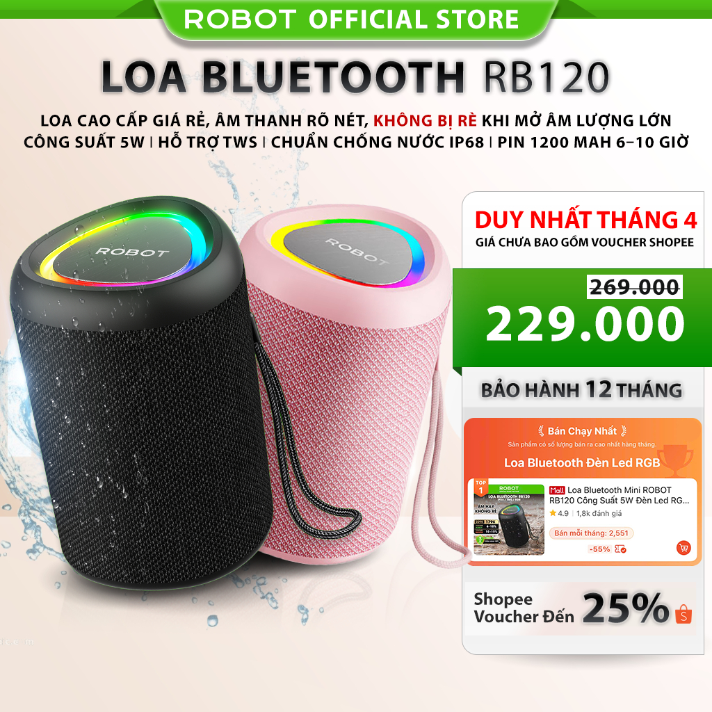 Loa Bluetooth Mini ROBOT RB120 Công Suất 5W Đèn Led RGB Hỗ Trợ Kết Nối Thẻ Nhớ, AUX Chính Hãng
