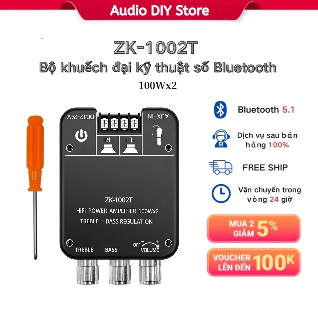 【Việt Nam gửi】ZK-1002T HIFI 2.0 Kênh AUX/Bluetooth-Tương Thích với 5.0 TPA3116D2 Mô-đun Âm Thanh 100