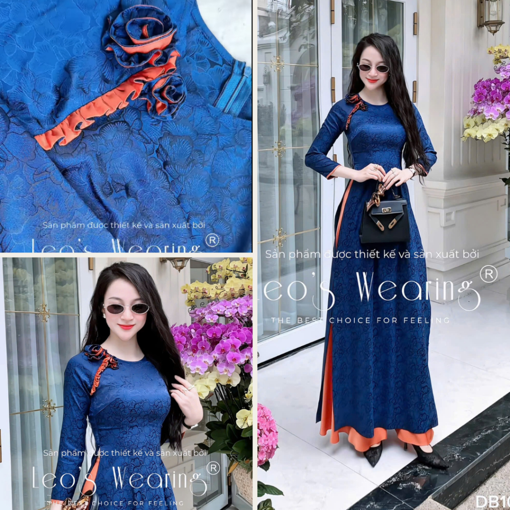 Set áo dài gấm lụa LEOSWEARING áo cổ tròn đính hoa to, tay lửng xanh phối viền cam mix quần lụa cam 