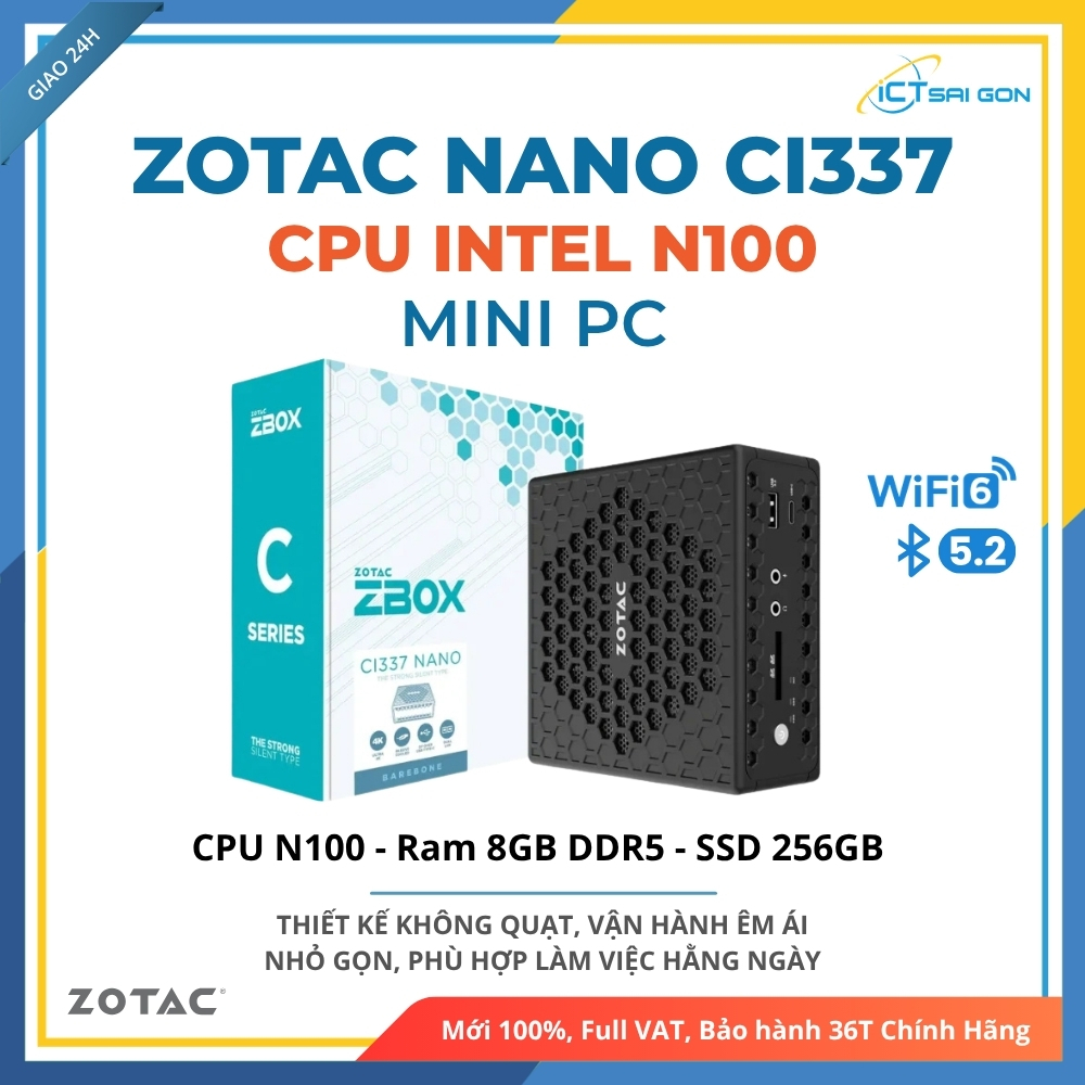 Mini PC Zotac CI337 Nano [Fanless] - CPU Intel N100 - Ram 8GB DDR5 - SSD 256GB - Máy Tính Siêu Êm