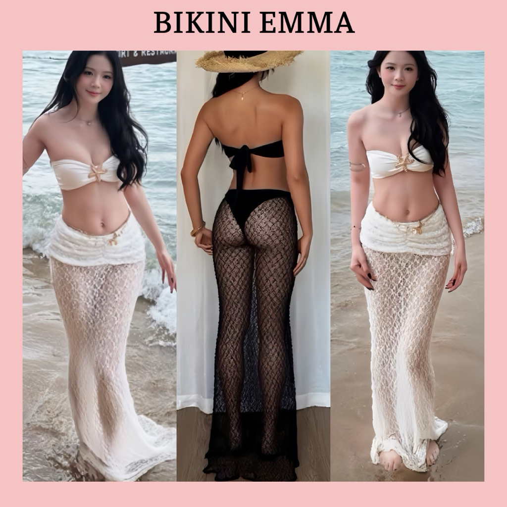 EMMA Đồ Bơi 3 Mảnh Ren Charm Sao Kim Loại Cao Cấp, Chân Váy Nhún Dài Sang Chảnh | BigBuy360 - bigbuy360.vn