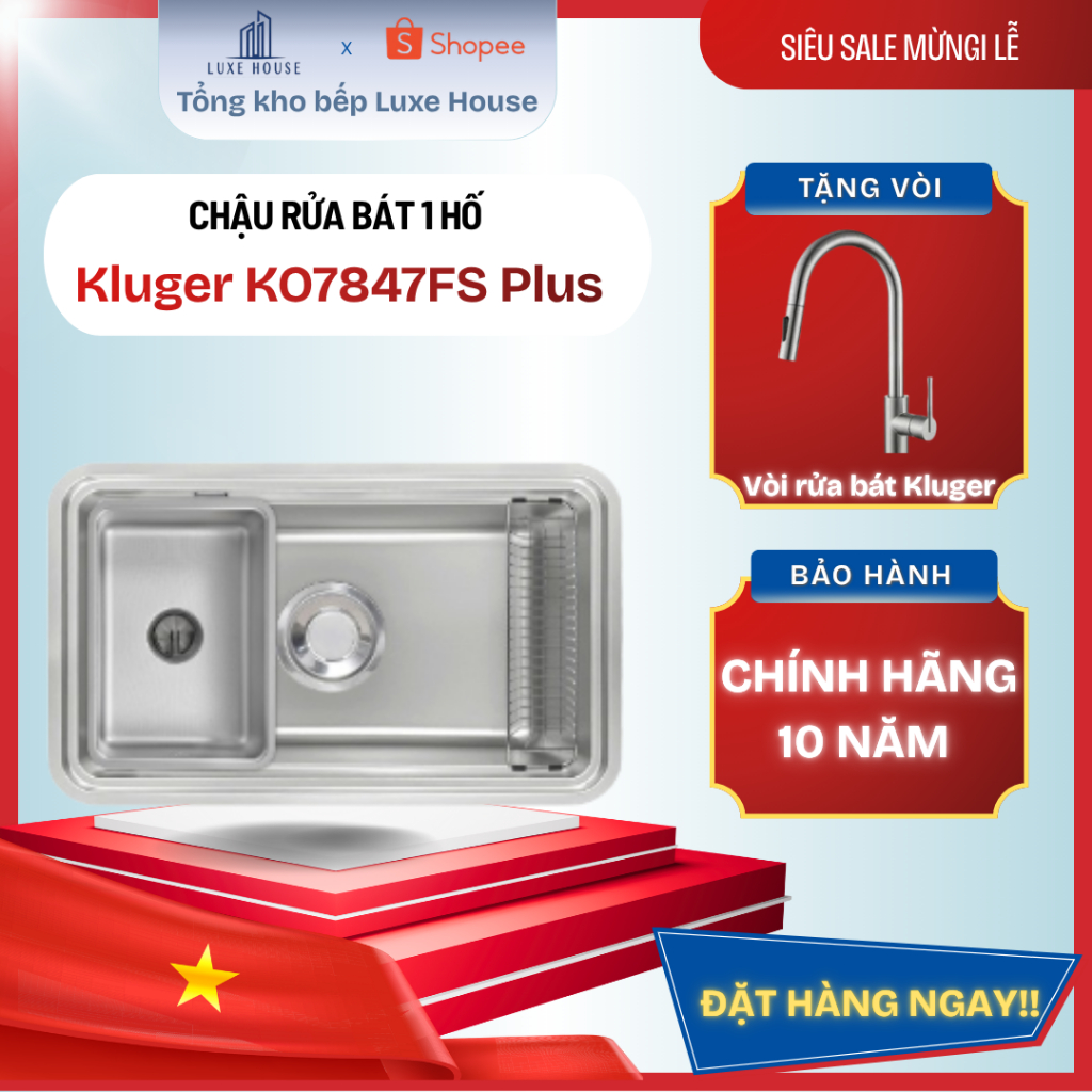 Chậu rửa bát Kluger KO7847FS Plus dập linen chống xước tặng kèm phụ kiện