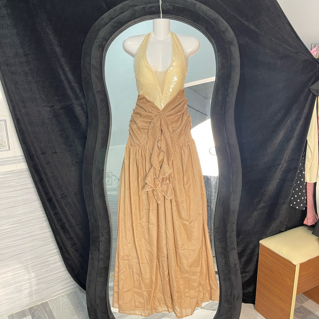 Đầm dự tiệc cổ yếm dáng dài cho nữ ảnh thật