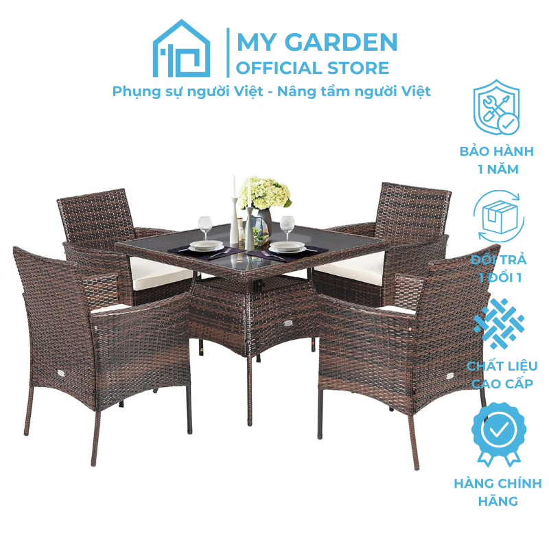 Bộ Bàn Ghế Ăn Ngoài Trời Nhựa Giả Mây MY GARDEN MG-I07-K5 4 Ghế | Bàn Kính Sân Vườn MY GARDEN