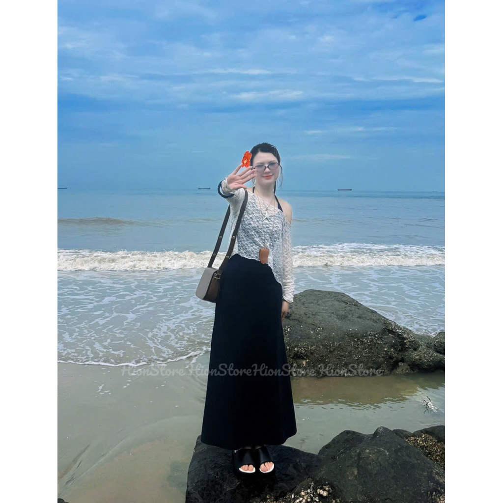 Hion Store - Set đầm yếm đen + áo ren lưới