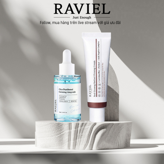 Combo Serum Raviel Cica Panthenol Cấp Ẩm 30ml & Kem Dưỡng Raviel Red Ginseng Retinol Firming 50ml