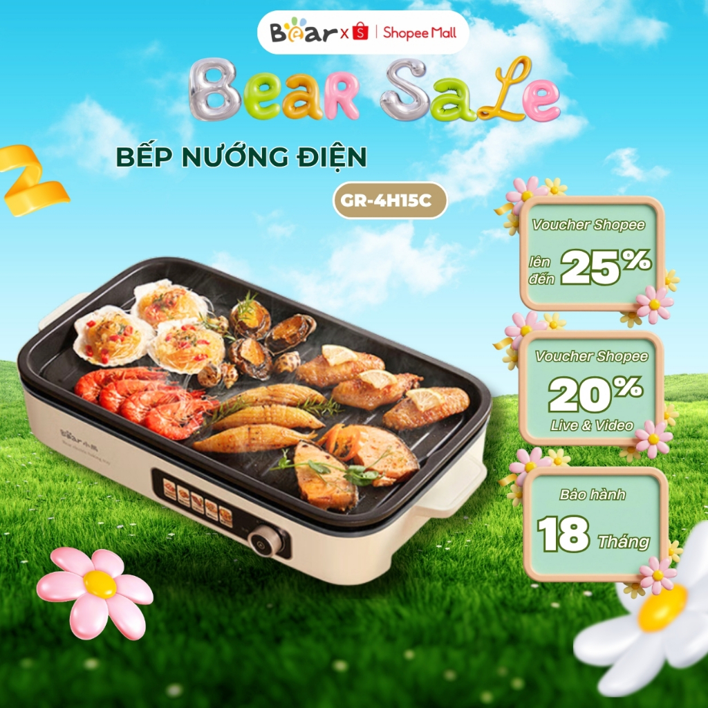 Bếp Nướng Điện Mini BEAR GR-4H15C Đa Năng, 1500W, Không khói, Chống dính cho gia đình, BH 18 tháng