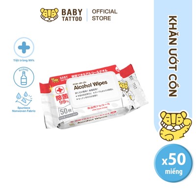 BABY TATTOO Khăn Giấy Ướt Cồn Thực Phẩm, Lau Sát Khuẩn, Dịu Nhẹ,An Toàn, Không Kích Ứng, Gói 50 Miếng