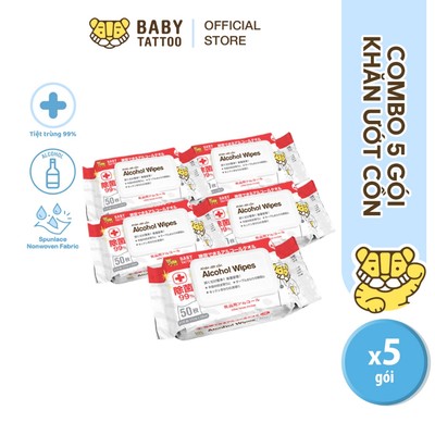 BABY TATTOO Khăn Giấy Ướt Cồn Thực Phẩm, Lau Sát Khuẩn, Dịu Nhẹ,An Toàn, Không Kích Ứng, Gói 50 Miếng