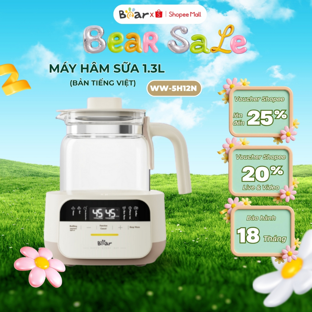 Ấm đun nước hâm pha sữa đa năng 1.3L Bear WW-5H12N, 800W, Tiệt Trùng Bình Sữa, Hẹn giờ, BH 18 tháng