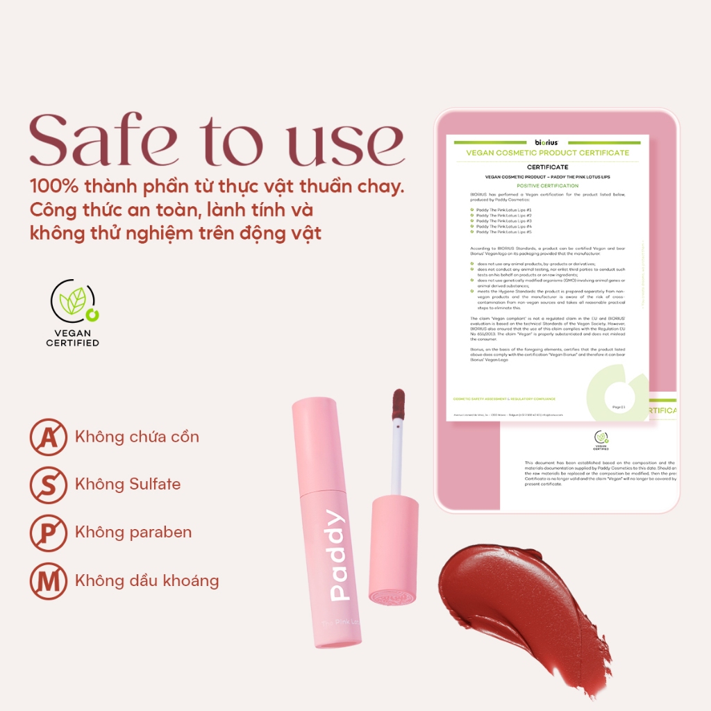 Son Kem Thuần Chay Paddy The Pink Lotus Lips 3g - Chứng Nhận Vegan, Mềm Mịn, 5 Màu Tông Đất Trang Điểm Môi