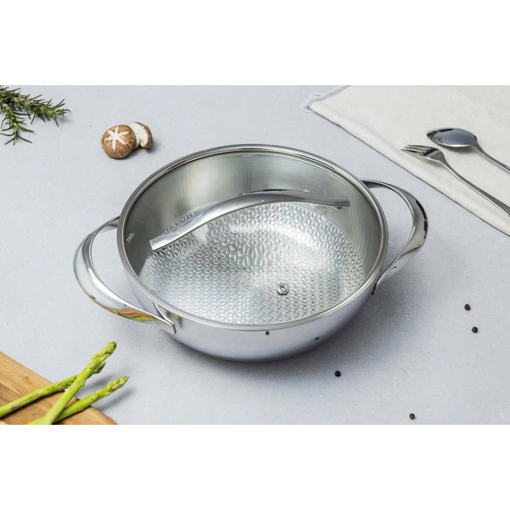 chảo đúc inox 3lớp đáy liền dập nồi sâu lòng 2 tay cầm chính hãng KAIYO size 24cm