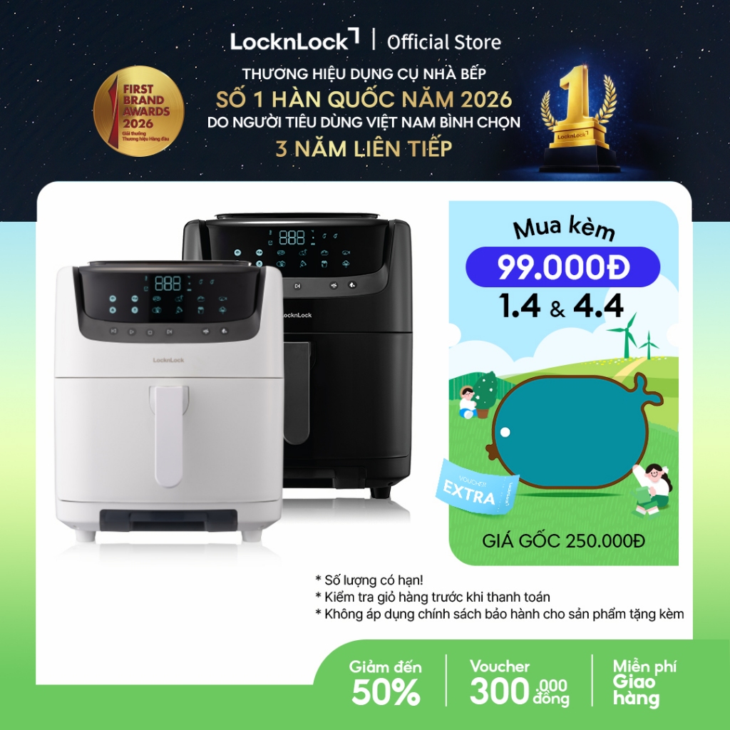 Nồi chiên không dầu & hấp Lock&Lock Steam Air Fryer 7L - màu đen và màu trắng EJF881