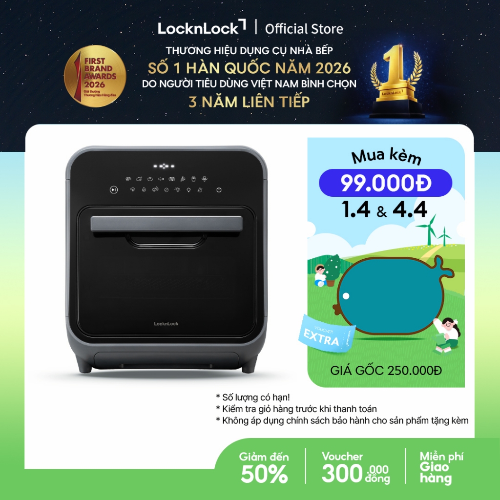Lò nướng chân không kết hợp chức năng hấp LockL&Lock Steam Air Fryer Oven 12.5L EJF693GRY