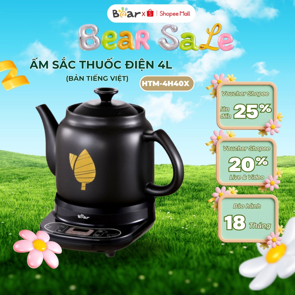 Ấm sắc thuốc bằng điện 4L Bear HTM-4H40X,CS 500W, Hẹn giờ, 4 Chế độ nấu, Hàng Chính Hãng,BH 18 Tháng