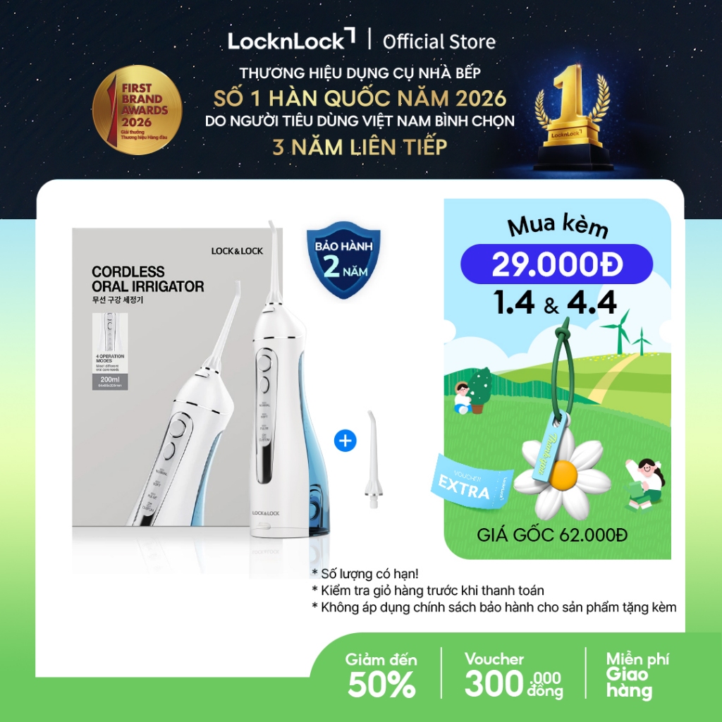 Máy tăm nước không dây 4 chế độ dùng được răng niềng Lock&Lock Cordless Oral Irrigator 200ml - Màu x