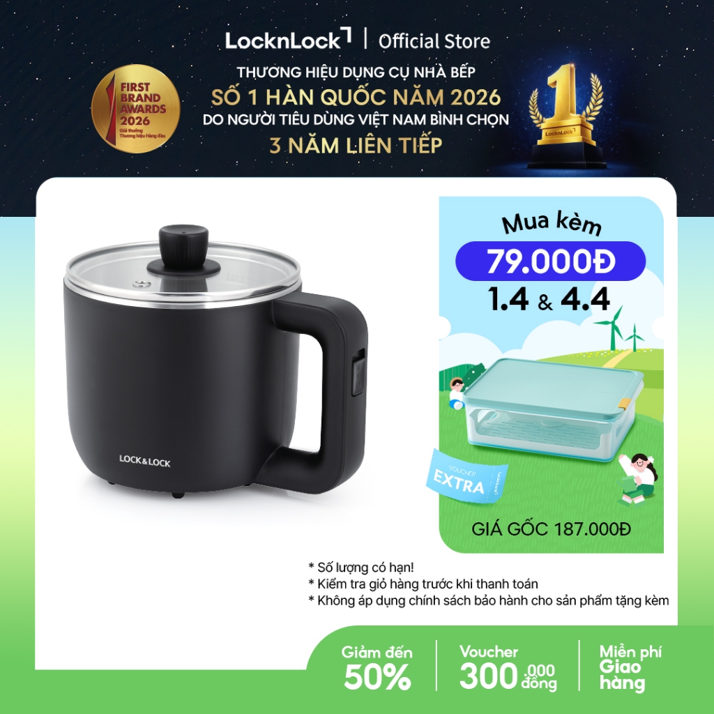 Nồi điện đa năng Lock&Lock 0.8L, 220V, 50Hz, 600W - màu đen - EJP116BLK