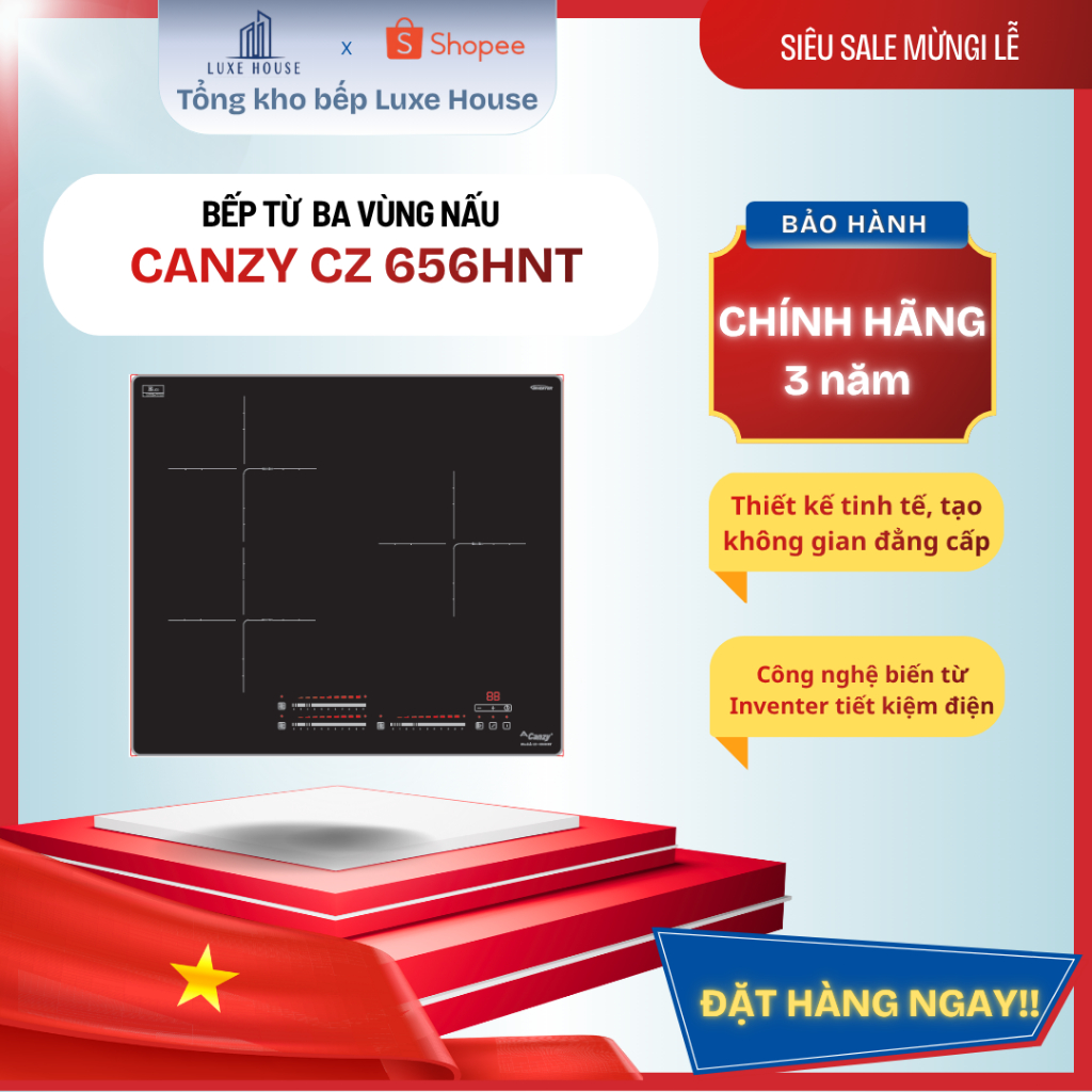 Bếp từ Canzy CZ 656HNT | Bếp 3 vùng nấu | công nghệ sôi liu riu | Inverter tiết kiệm điện | Bảo hành