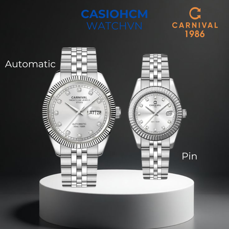 Đồng hồ đôi Carnival 8131G & 8131L Mặt Trắng Dây thép Trắng Sang Trọng Bảo hành chính hãng 24 tháng