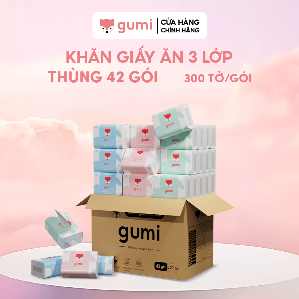 Thùng 42 gói giấy ăn cao cấp Gumi 3 lớp mềm mịn, tiện lợi