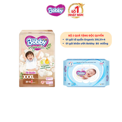 [MKB Gift] - Combo 02 quà: 01 Gói Tã Quần Bobby Organic 3XL31+4  & 01 Gói Khăn ướt Bobby 80 miếng Xanh 