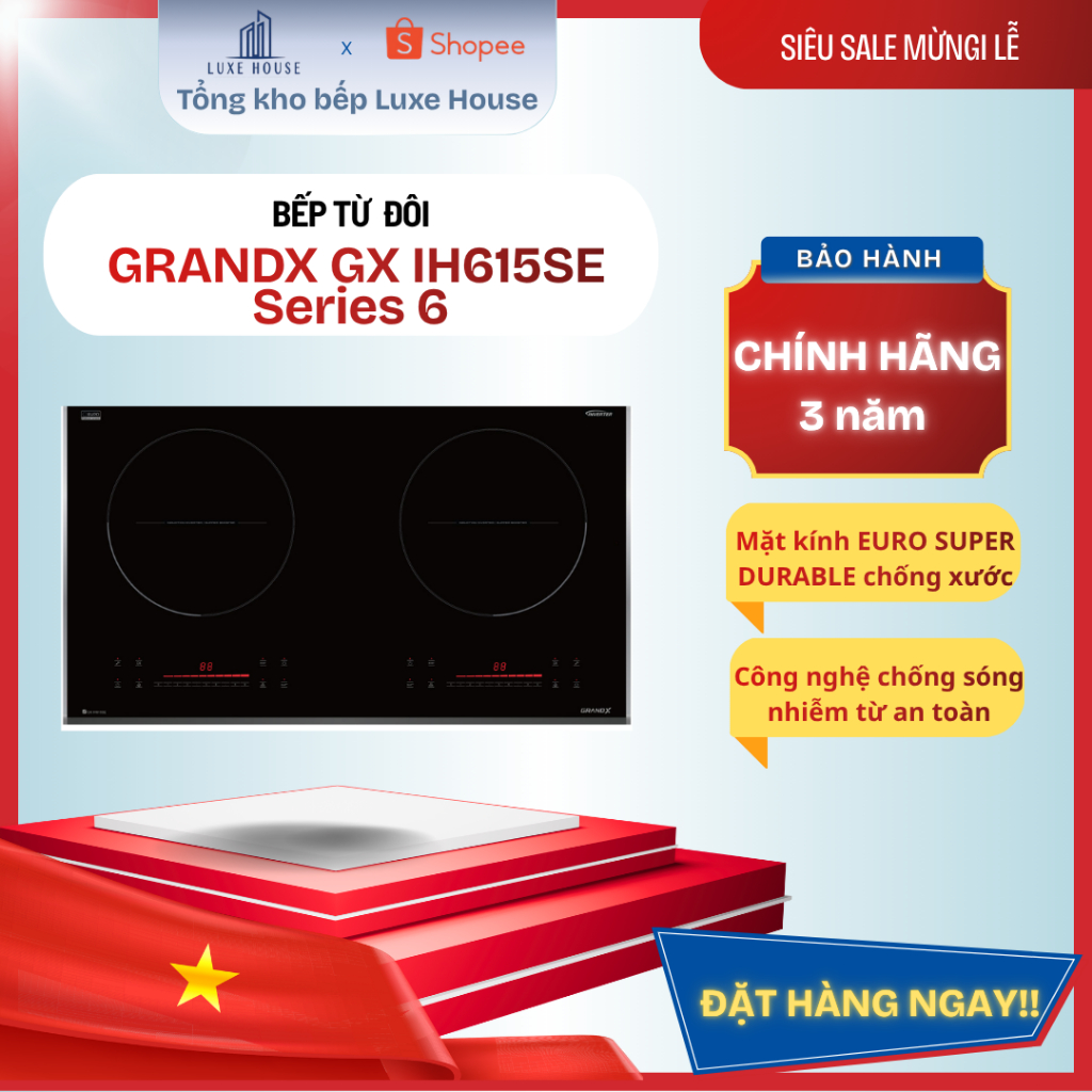 Bếp Từ GrandX GX IH615SE Series 6 | 2 Vùng Nấu 2500W | Kính EURO Platinum | Inverter