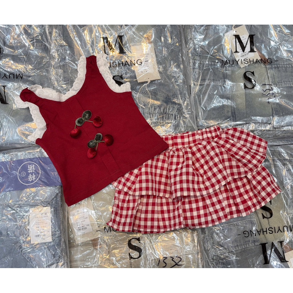 Set bé gái,set váy bé gái,set váy sn tầng caro đỏ bé gái 11-20kg