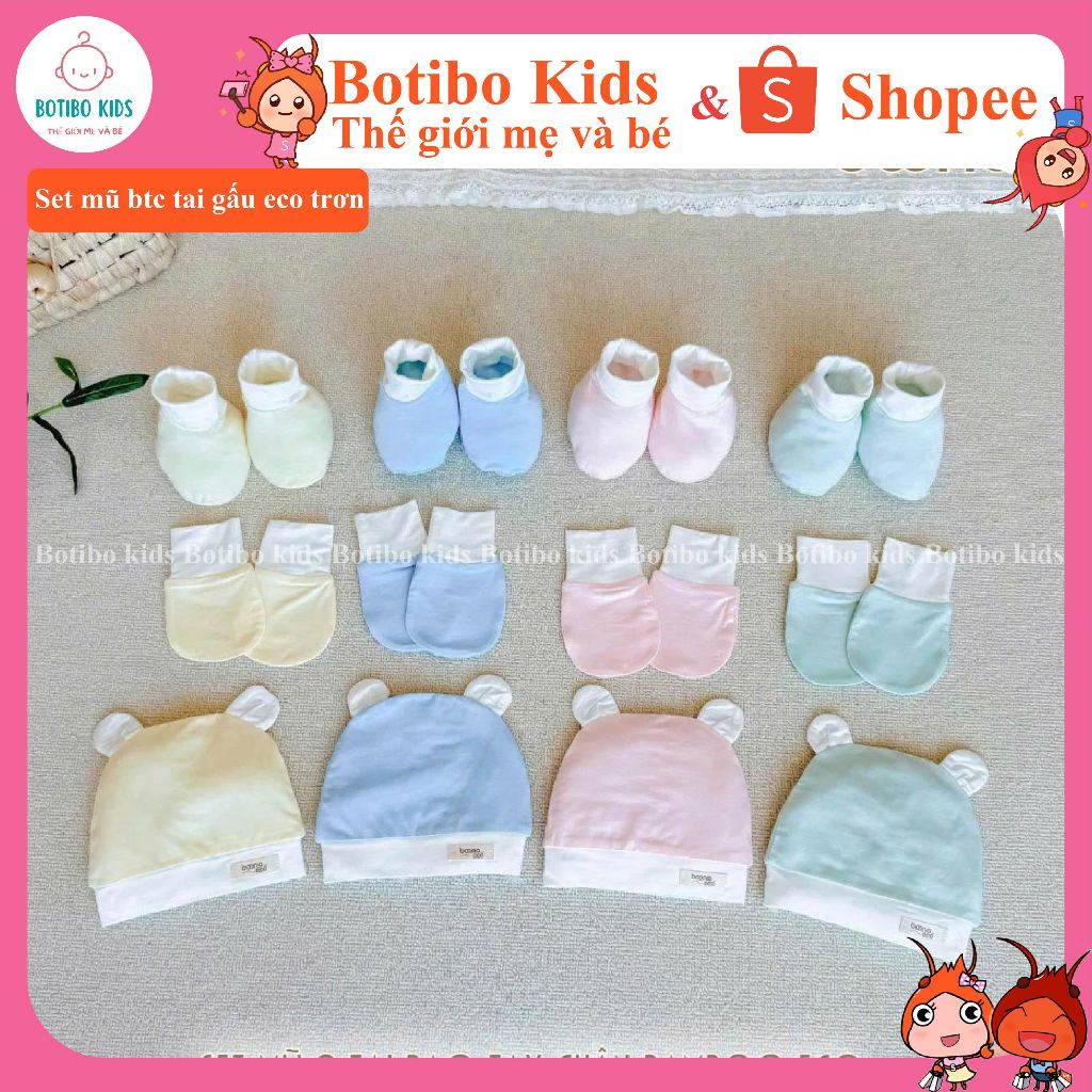 (ECO TRƠN) Bộ Mũ Tai Gấu Và Bao Tay Bao Chân Màu Trơn BOONA Chất Vải Sợi Tre Bamboo Eco Cao Cấp Mềm 