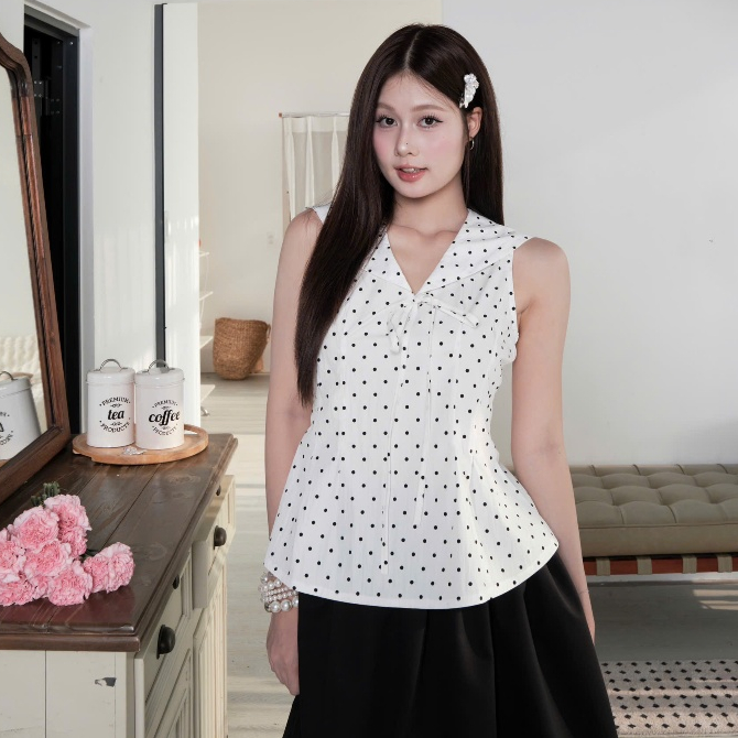 NAVIE - Áo Peplum chấm bi phối nơ thời trang nữ