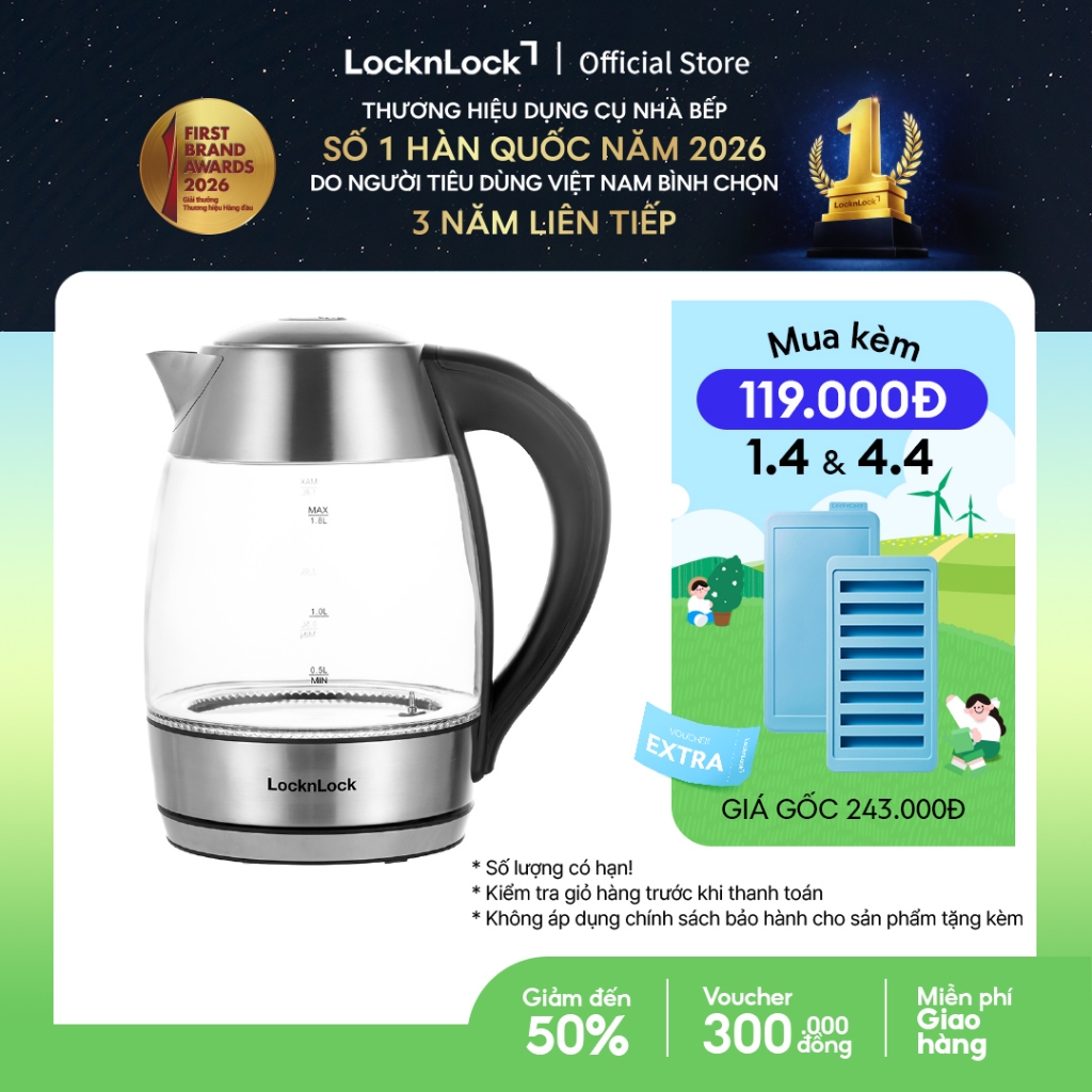 Ấm đun nước dùng điện bằng thủy tinh, thương hiệu Lock&Lock EJK341 1.8L