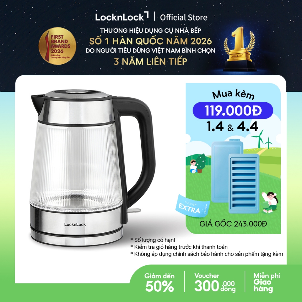Ấm đun siêu tốc bằng thủy tinh LocknLock Glass Electric Kettle 1.8L có đèn led và lưới lọc EJK256BLK