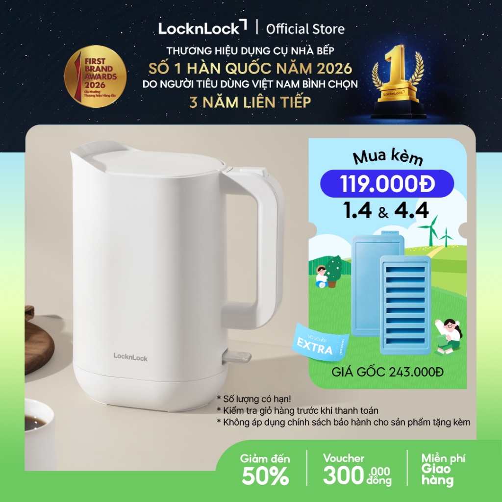 Ấm đun siêu tốc giảm âm LocknLock Silent electric kettle 1.2L- Màu trắng EJK216WHT
