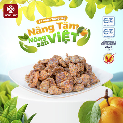 Ô mai (xí muội) mơ Hồng Lam 12, dạng hộp. Ô mai tách hạt có vị chua, cay, mặn ngọt của cam thảo