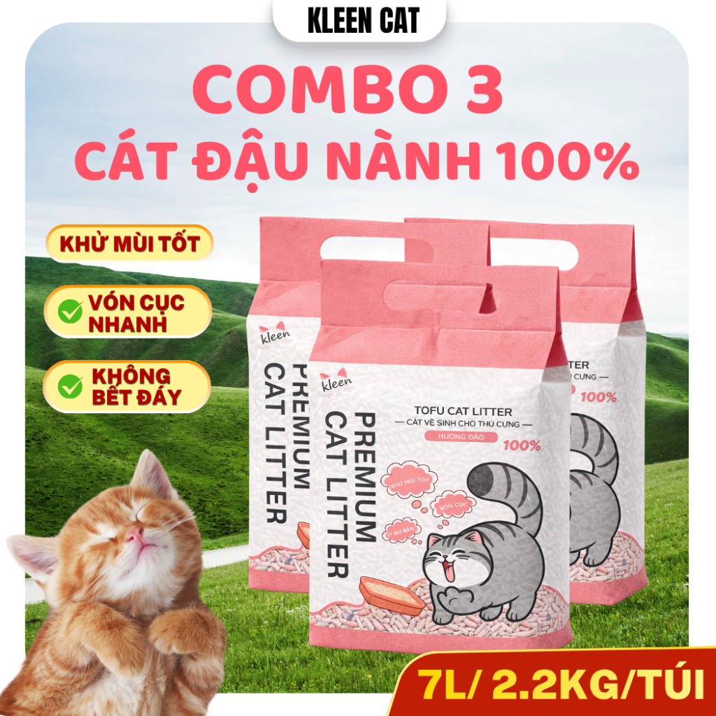 Combo 3 túi cát đậu nành Kleen Cat cát vệ sinh cho mèo an toàn lành tính 6.6KG