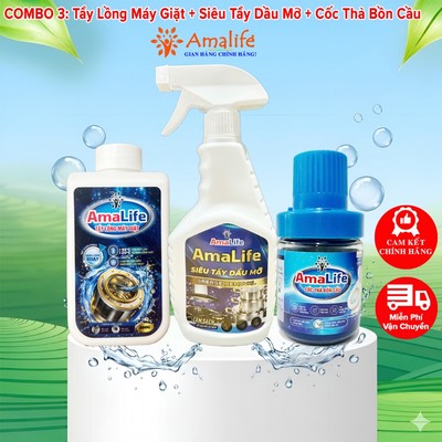 Combo 3 Chai Tẩy Lồng Máy Giặt 300gram + Cốc Tẩy Bồn Cầu Tối Đa 2500 Lần Xả +1 Siêu Tẩy Dầu Mỡ Hãng Amalife