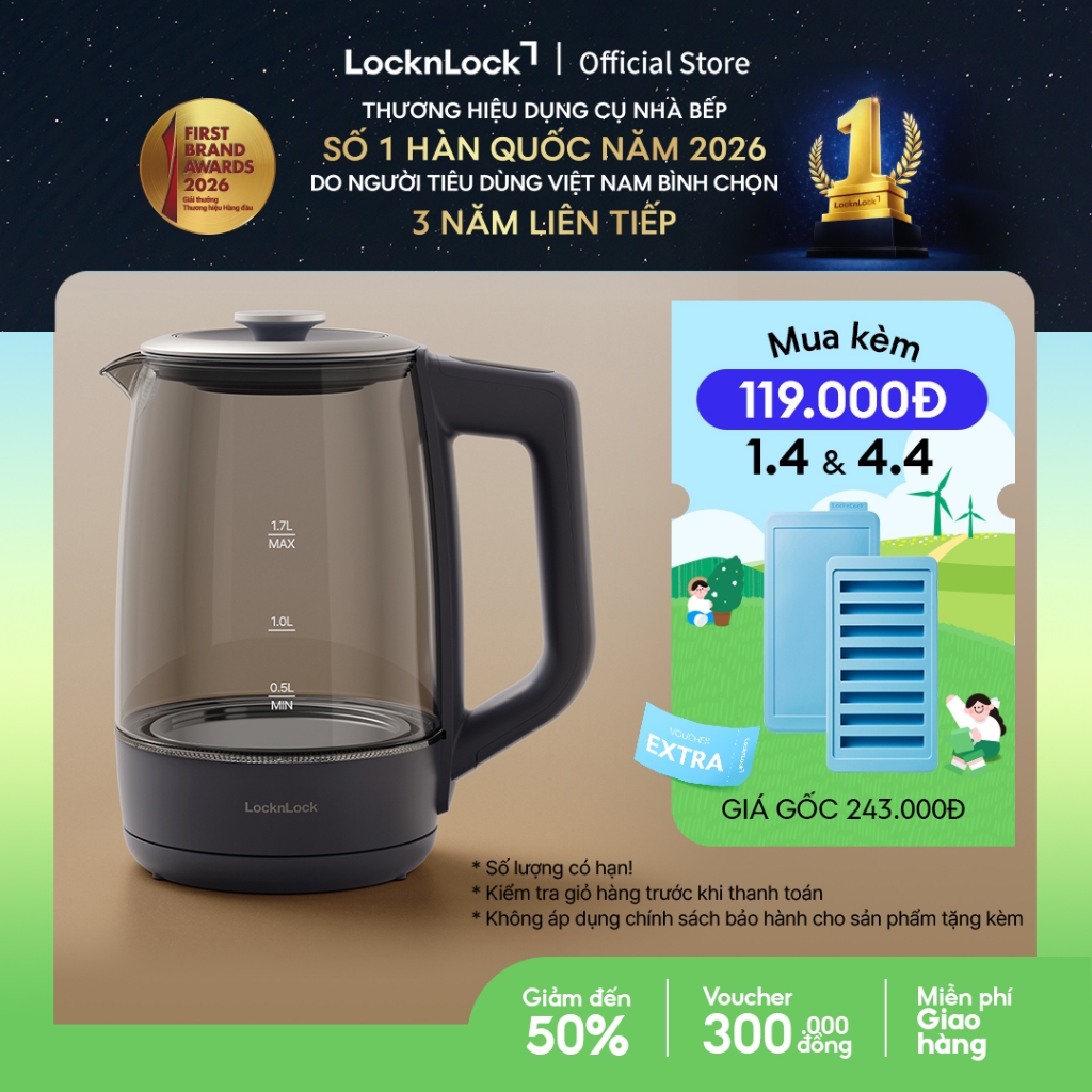 Ấm đun siêu tốc 5 mức nhiệt LocknLock Smart glow glass electric kettle 1.7L EJK276GRY