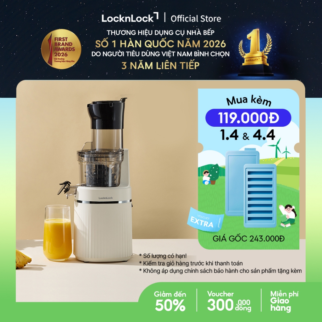 Máy ép chậm Locknlock Bianco Slow Juicer 0.8L màu trắng ngà EJJ421IVY