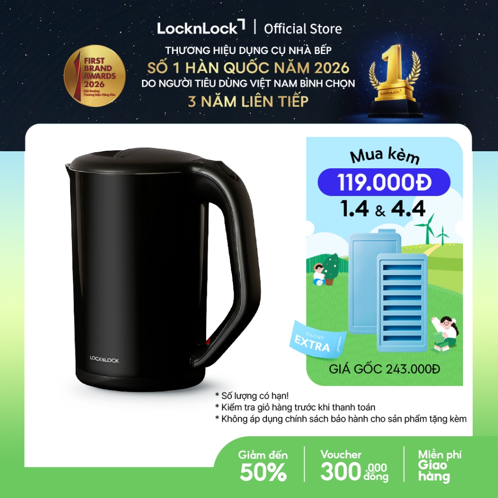 Ấm đun bằng thép không gỉ Lock&Lock, 1.7L màu đen EJK738BLK