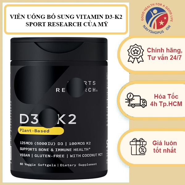Vitamin D3 K2 5000 IU 125 Mcg - Viên Uống Hỗ Trợ Sức Khỏe Xương Sport Research Của Mỹ (60 Viên)
