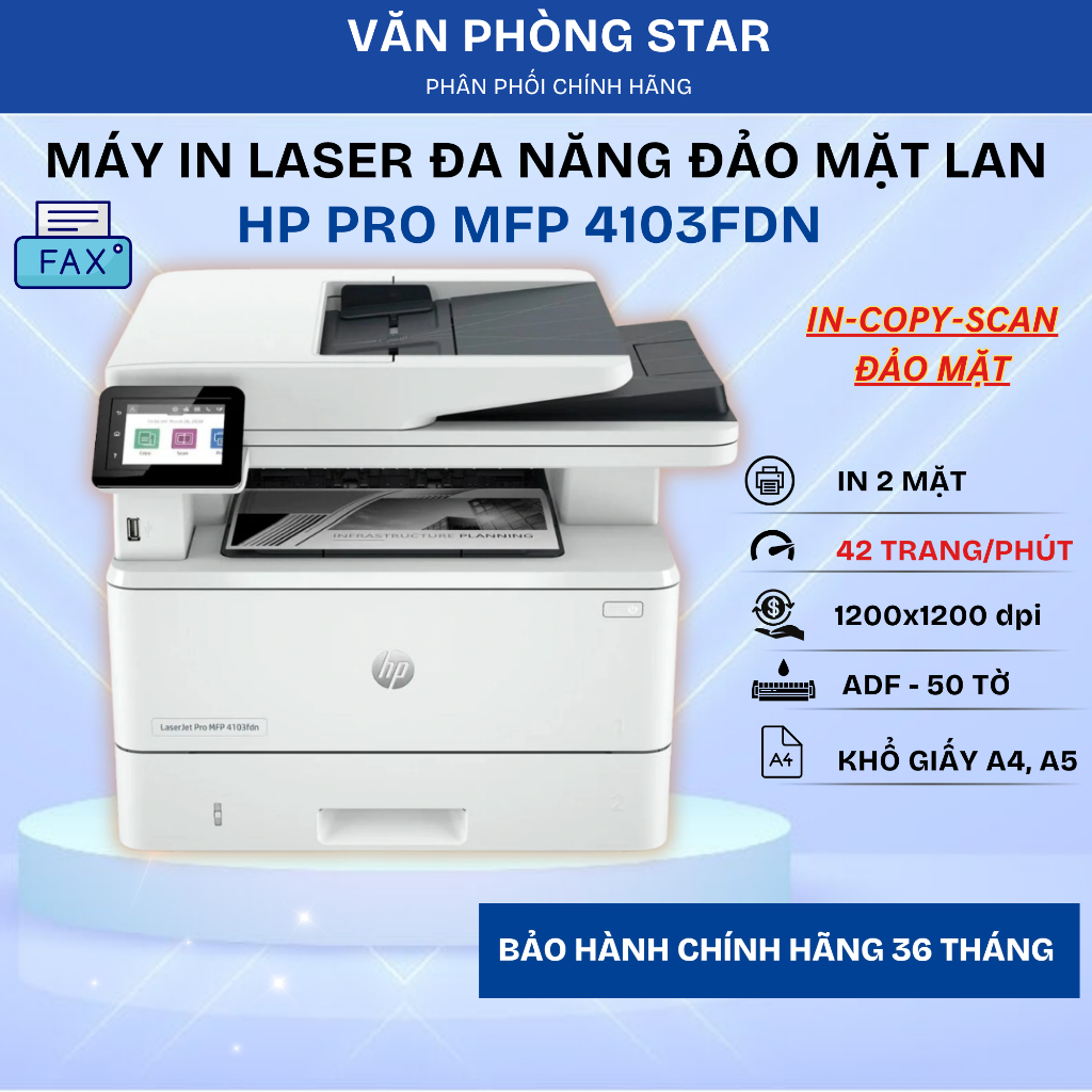 Máy In HP LaserJet Pro MFP 4103FDN - In Scan Copy Đảo mặt Tự Động, Kết Nối LAN Dùng Cho Doanh Nghiệp