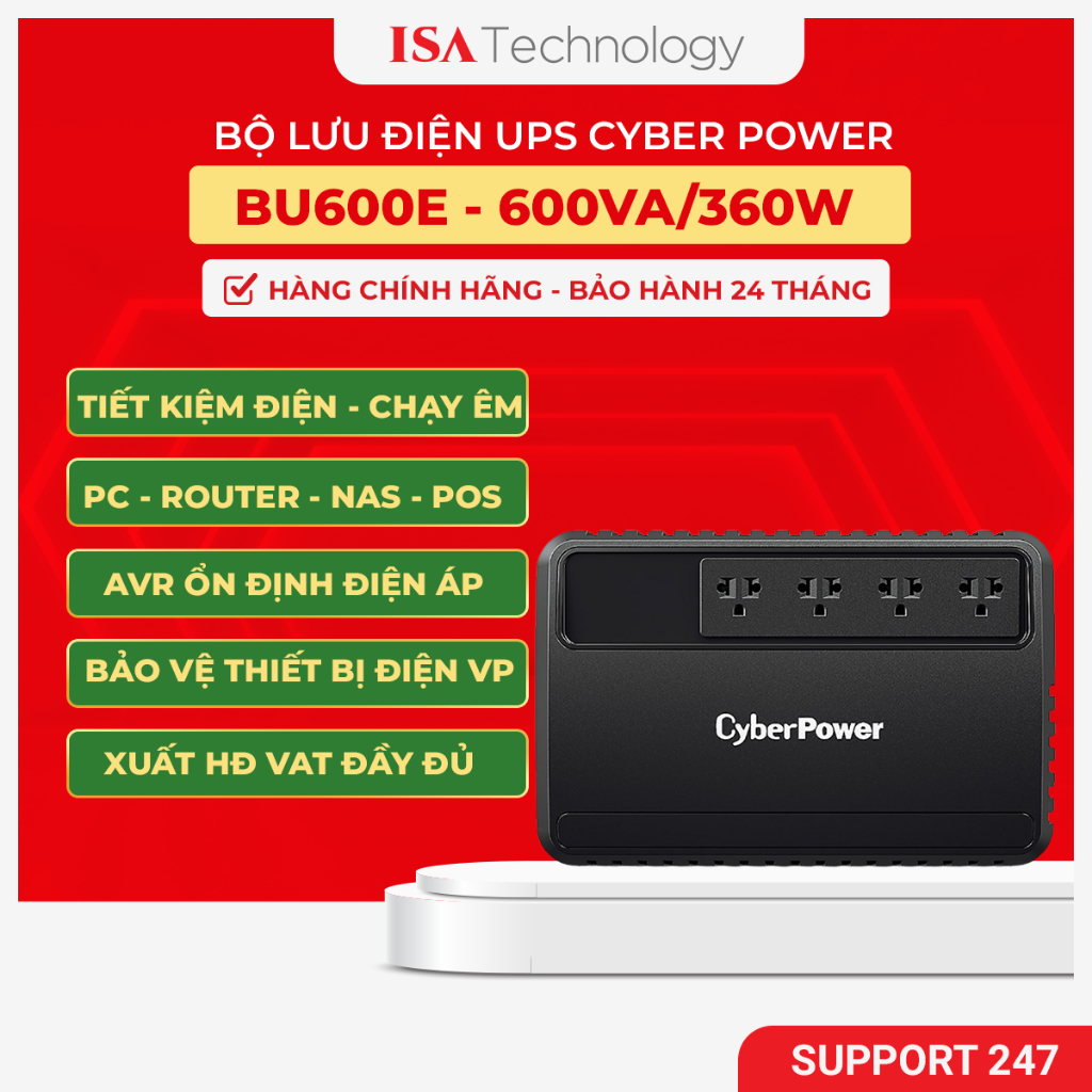 Bộ lưu điện UPS CyberPower BU600E - 600VA/360W dành cho PC, thiết bị điện tử hàng chính hãng