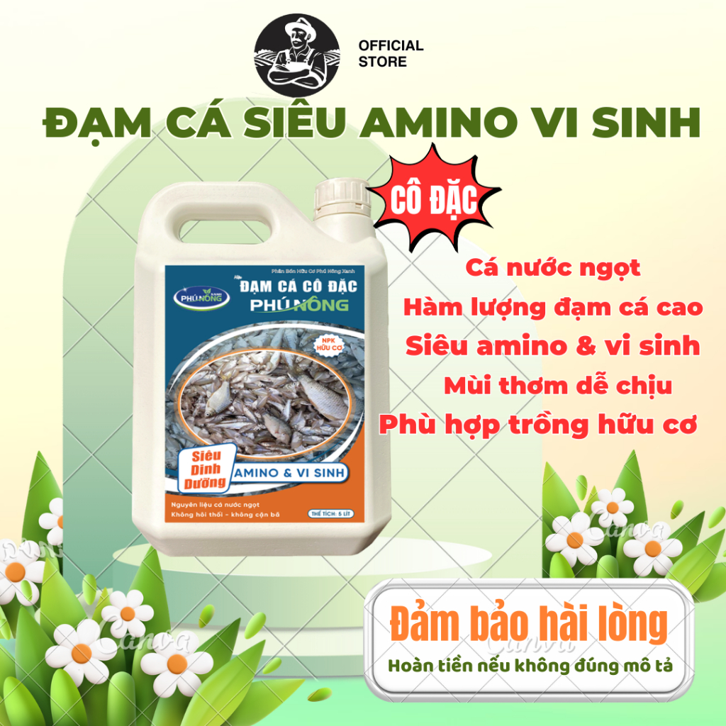 Đạm cá siêu amino vi sinh Phú Nông Xanh 5L – cá nước ngọt, mùi thơm nhẹ, phân bón hữu cơ cô đặc