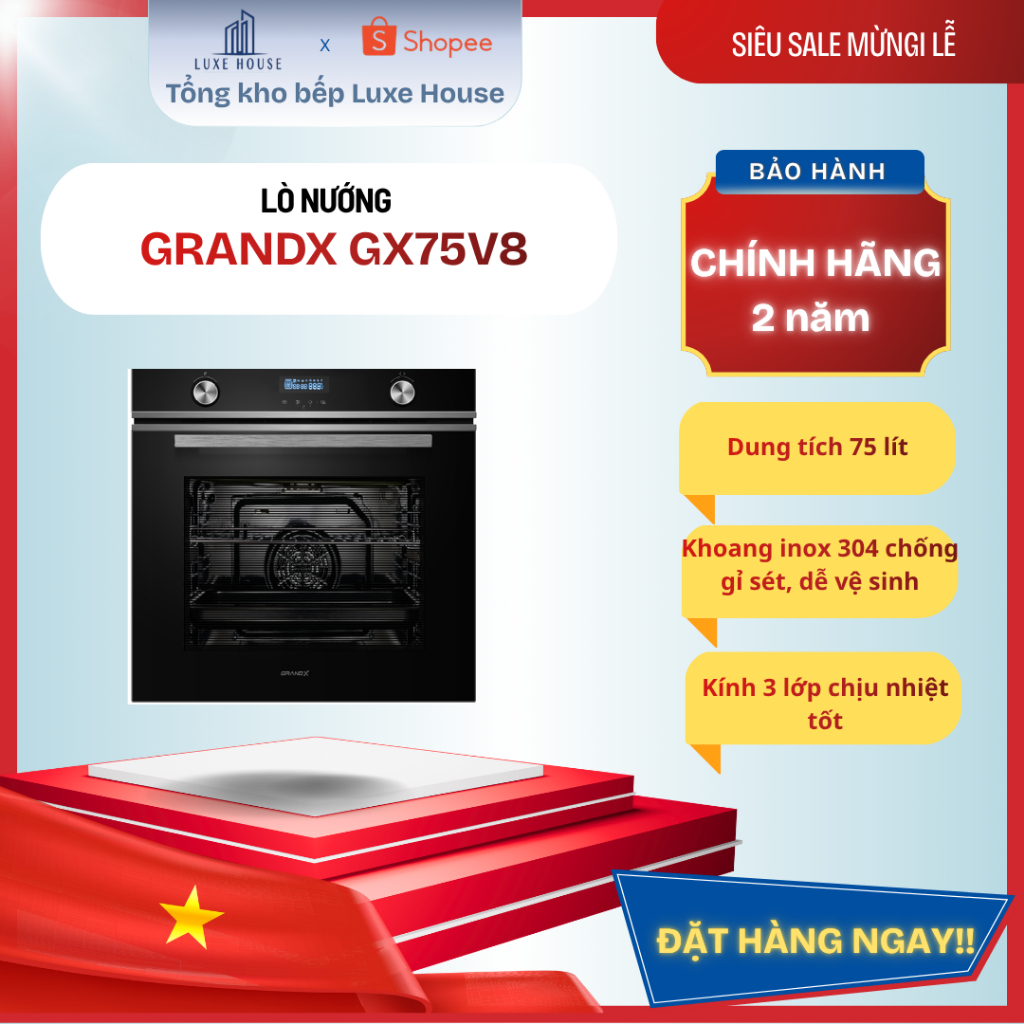 Lò Nướng Âm Tủ GX75V8 75L | 12 Chức Năng | Công Suất 3000W | Mặt Kính Cường Lực | Tiết Kiệm Điện