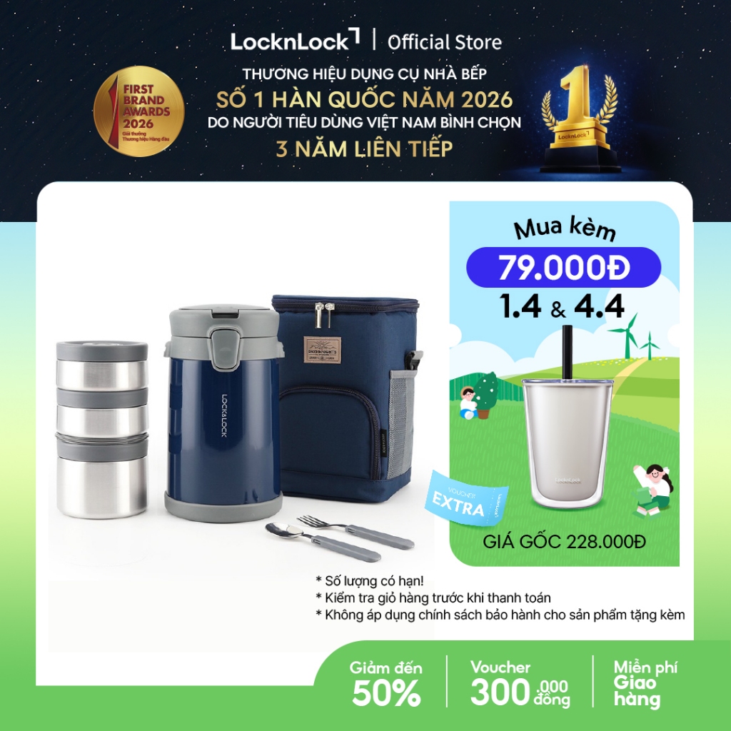 Bộ hộp cơm giữ nhiệt kèm muỗng nĩa Lock&Lock Easy Carry 2.0L LHC8039