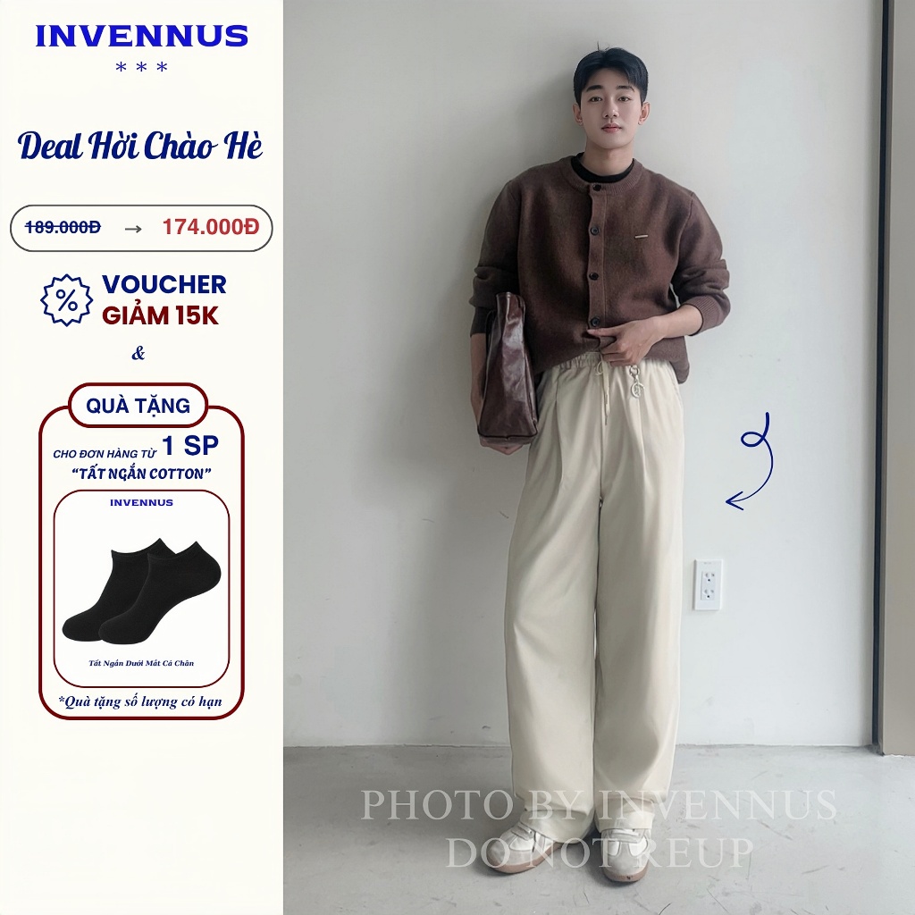 Quần ống rộng nam mỏng mát form suông cạp chun kaki gió xếp ly INVENNUS mặc thoải mái - 323