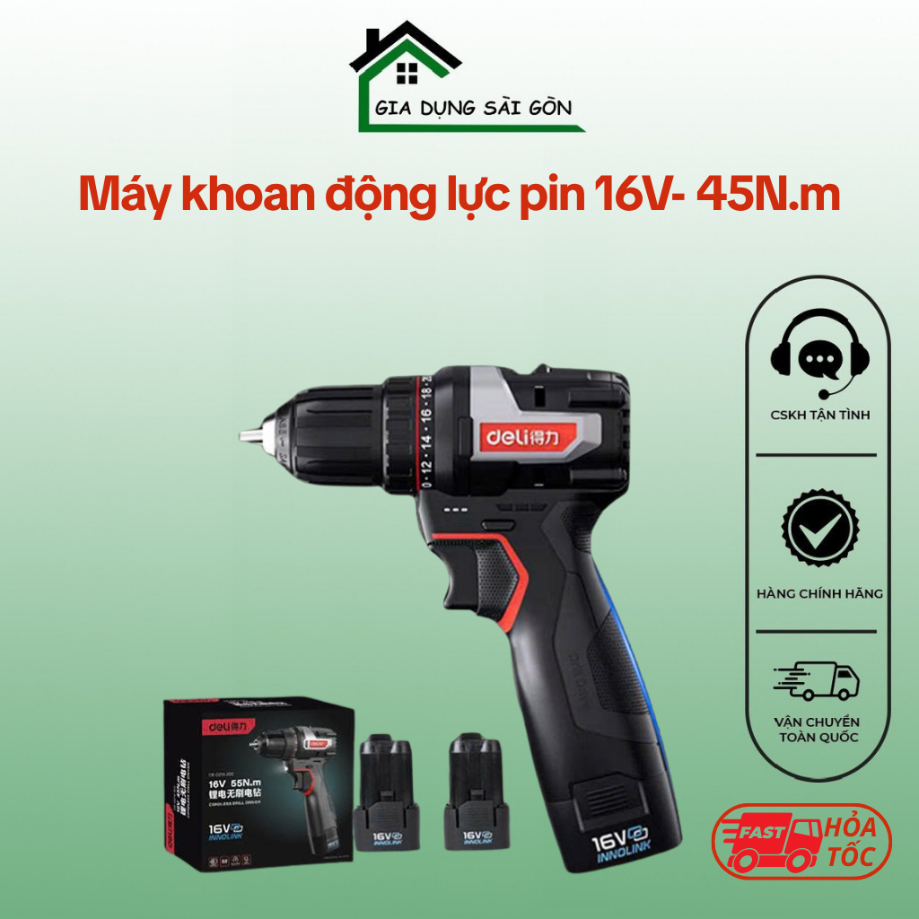 Máy khoan pin DELI 16V 45Nm – Kèm 2 Pin 2.0Ah – Khoan búa – DE-CZ16-1D2