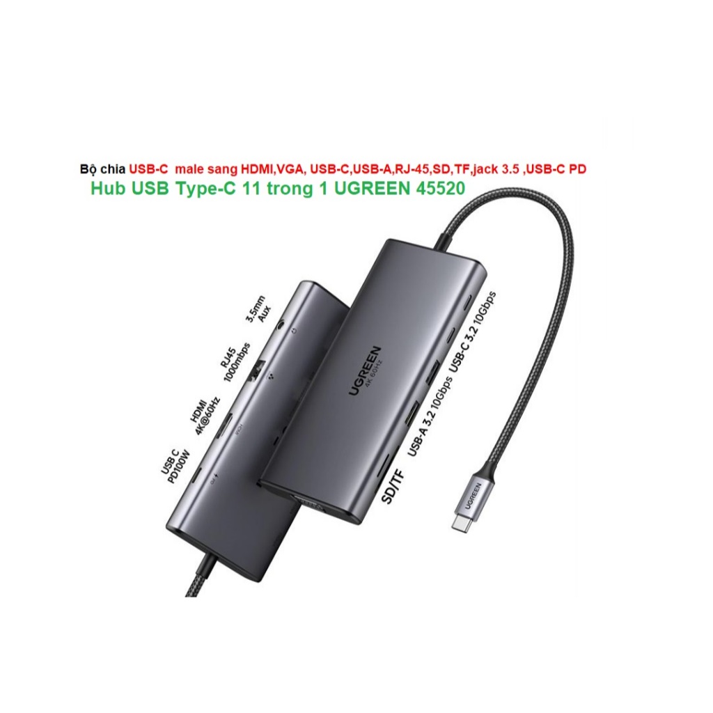 Bộ chia USB-C male sang HDMI,VGA, USB-C,USB-A,RJ-45,SD,TF,jack 3.5 ,USB-C PD ( 50538 , 45000 , 45520