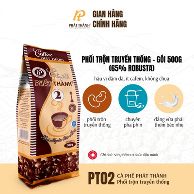 Cà phê Phát Thành xay sẵn truyền thống PT02 - CHUYÊN PHA PHIN - Chuyên quán - Vị đắng vừa phải, thơm béo nhẹ - Gói 500g