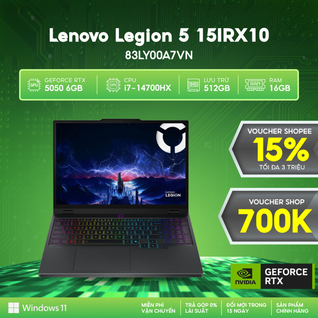 Laptop Lenovo Legion 5 15IRX10 83LY00A7VN GeForce RTX™ 5050 6GB / i7-14700HX / Ram 16GB / SSD 512GB