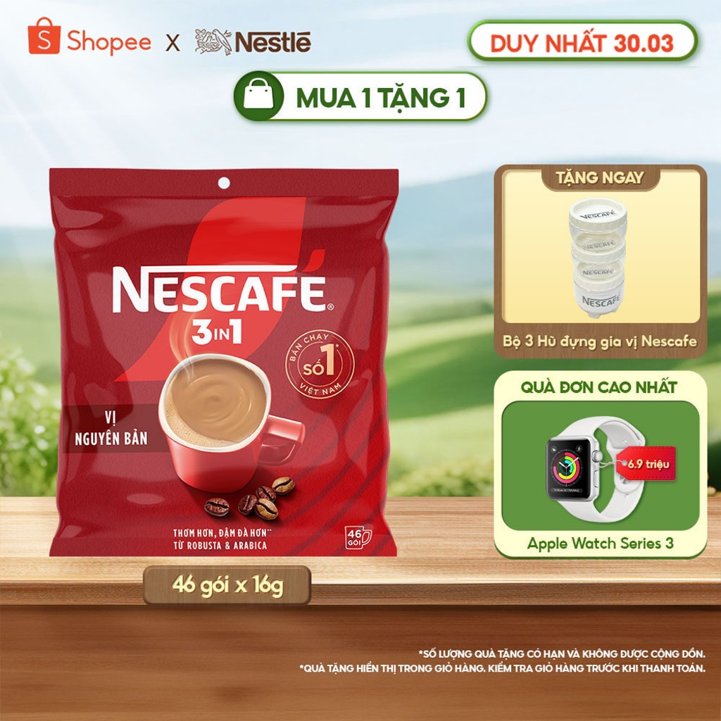 [Tặng Bộ 3 hũ đựng gia vị NESCAFÉ] Bịch Cà phê Hòa tan NESCAFÉ VỊ NGUYÊN BẢN 46 gói Đậm Thơm Hoàn Hả